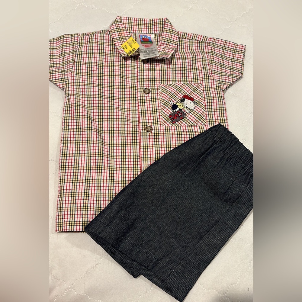 Vintage Peanuts Snoopy Kids Plaid Short Sleeve Shirt